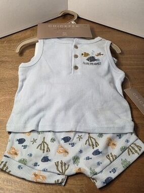 Chickpea Baby Boy 3 Piece Outfit Set 12M Tank Shorts Hat Ocean Print NWT